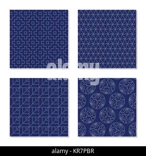Four simple textures. Japanese sashiko motifs. Abstract Seamless patterns. White stitches on the indigo blue background. For decoration, wallpaper or  Stock Vector