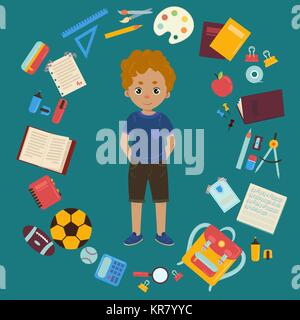 Boy and different objects for school illustration Stock Vector