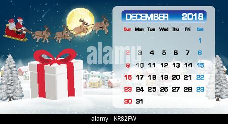 calendar of DECEMBER 2018 gift box and santa claus Stock Vector