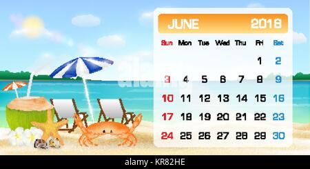 calendar of JUNE 2018 theme summer beach relax Stock Vector