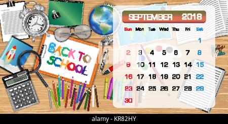 calendar of SEPTEMBER 2018 theme back to school Stock Vector