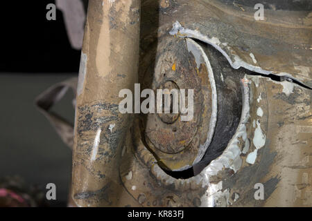 One of nine valves found on Iranian Qiam-class short range ballistic missile remnants provides evidence of its origin as part of a display at Joint Base Anacostia-Bolling in Washington, D.C., Dec. 12, 2017. Remnants from two missiles fired into Saudi Arabia from Yemen’s Houthi rebels in 2017 are part of a multinational collection of evidence proving Iranian weapons proliferation in violation of United Nations resolutions 2216 and 2231. DoD Stock Photo