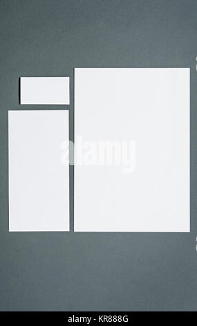 Mock-up business template with cards, papers, pen. Gray background. Stock Photo