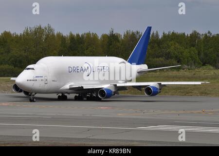 BOEING 747-400LCF DREAMLIFTER OF ATLAS AIR CARGO ABOUT TO DEPART ANCHORAGE. Stock Photo