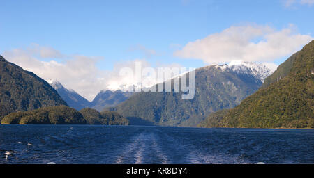 View from ship's stern looking into Doubtful Sound Stock Photo