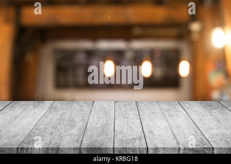 Black and white perspective wooden table top with coffee shop Stock Photo