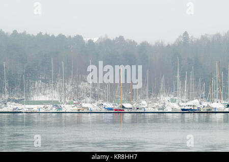 Winter hibernation of yachts in Revierhavnen marina on Hovedoya island, one of the islands of Oslofjord, close to Oslo, Norway. Stock Photo