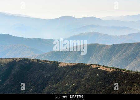 Ukraine, Zakarpattia region, Rakhiv district, Carpathians, Chornohora, Mountain landscape with mist Stock Photo