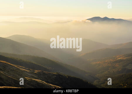 Ukraine, Zakarpattia region, Rakhiv district, Carpathians, Chornohora, Mountain landscape with mist Stock Photo