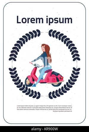 Logo Design With Young Girl Riding Electric Scooter Red Vintage Motorcycle Copy Space Stock Vector