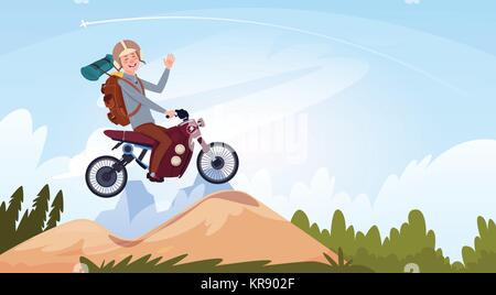 Man Riding Off Road Bike In Mountain Wear In Helmet Travel On Motorcycle Transport Concept Stock Vector