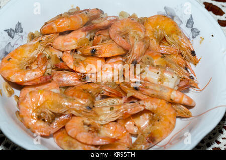 fresh gulf shrimps with garlic fried in olive oil Stock Photo