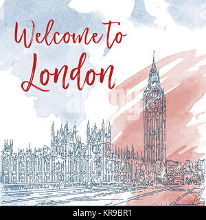 Hand drawn ink line sketch of London. Watercolor background Stock Photo