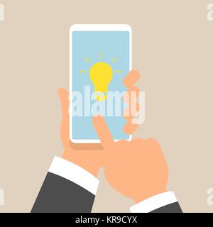 Hand holding smartphone with Light Bulb on display. Flat style design Stock Vector