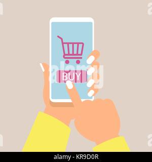 Online shopping concept with women hand holding smartphone and online shop icons vector Stock Vector
