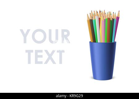 Vector realistic blank plastic cup-stand with a set of colored pencils. Closeup isolated on white background. Design template, icon, clipart or mockup for graphics - web, app. Front view Stock Vector