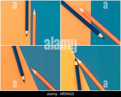 Photo collage of Orange and Dark Blue coloured pencils and paper Stock Photo
