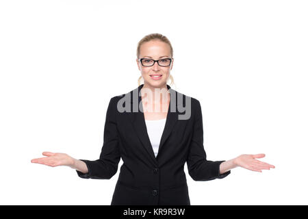 Business woman showing hands sign to sides. Stock Photo