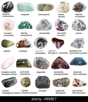 various tumbled minerals with names isolated Stock Photo