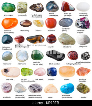 collection of various tumbled gemstones with names Stock Photo