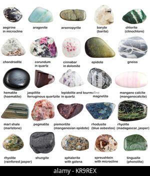 various polished minerals with names isolated Stock Photo