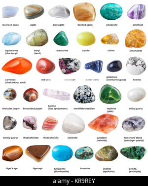 various tumbled gemstones with names isolated Stock Photo