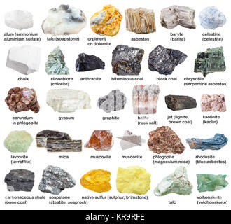various raw mineral stones with names isolated Stock Photo
