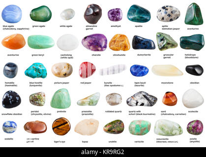 set of various tumbled gemstones with names Stock Photo