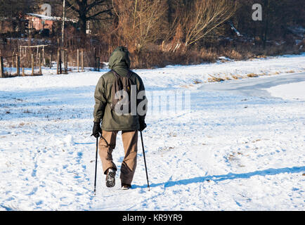 men with trekking poles on a lonely winter expedition photo Stock Photo
