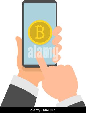 Hands holding phone with bitcoin icon on screen Stock Vector