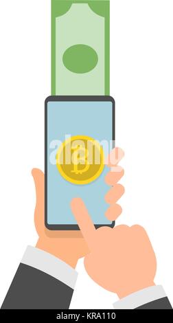 Bitcoins icon of golden color on the screen of a mobile phone. The hand holds the smartphone. The concept of exchanging crypto currency for dollars. Stock Vector