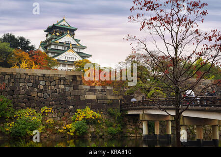 License and prints at MaximImages.com - Osaka Castle, Osakajo view from behind yellow autumn trees on a misty morning. Osaka Castle Park in fall Stock Photo