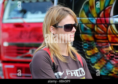 LEMPAALA, FINLAND - AUGUST 7, 2014: Ice Road Trucker and TV Personality Lisa Kelly stops at Lempaala to greet fans. A special guest of Volvo Trucks, K Stock Photo