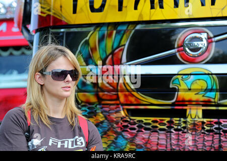 LEMPAALA, FINLAND - AUGUST 7, 2014: Ice Road Trucker and TV Personality Lisa Kelly greets fans in Lempaala. A special guest of Volvo Trucks, Kelly lea Stock Photo