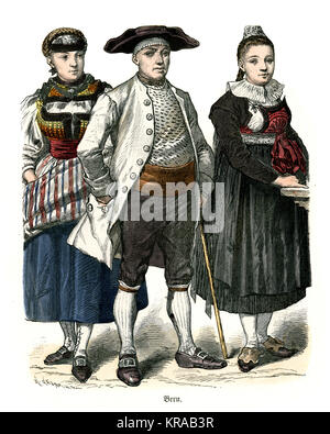 Vintage engraving of Costumes of Switzerland, 18th Century. Man and women of Bern Stock Photo