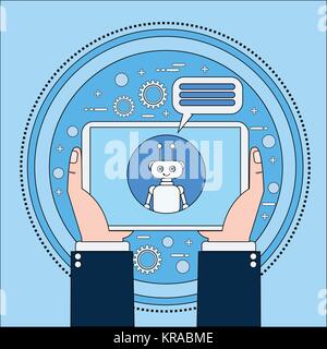 Hands Holding Tablet Computer Chatting With Chatbot, Modern Chatter Technology Tech Support Service Online Concept Stock Vector