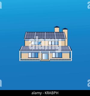 Modern House Building Icon With Solar Battery Panels On Roof Home Isolated On Blue Background Stock Vector