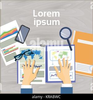 Business Man Hands Holding Financial Report Workplace Top Angle View Concept Office Desk Document Folders Banner With Copy Space Stock Vector