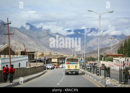 Ladakh, India - Jul 20, 2015. Cars run on street at downtown in Leh, Ladakh, India. Ladakh is one of the most sparsely populated regions in Jammu and  Stock Photo