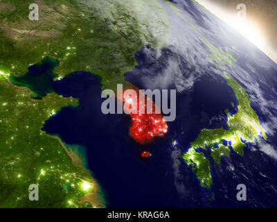 South Korea at night highlighted in red on planet Earth with clouds. 3D ...