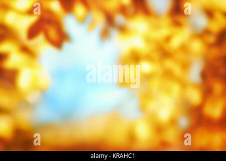 blurred background of autumn,with glowing leaves on light blue Stock Photo