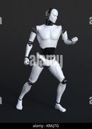 3D rendering of a robot man in a victory pose.