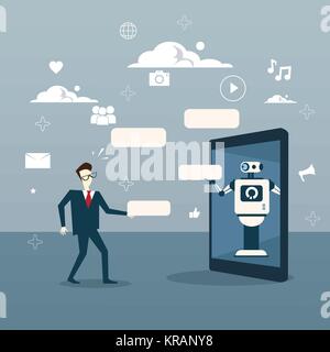 Chatbot Concept Man Communication With Chat Bot From Digital Tablet Stock Vector