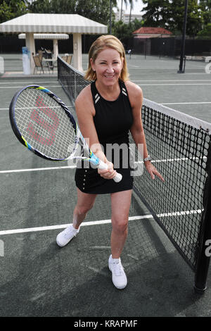 BOCA RATON, FL - NOVEMBER 20: Chris Evert playing Tennis at The Boca Raton Resort Tennis Center for the 26th Annual Chris Evert/Raymond James Pro-Celebrity Tennis Classic, Boca Raton, Florida.   People:  Chris Evert Stock Photo