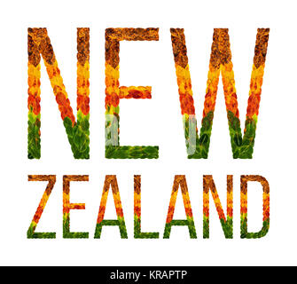 word new zealand country is written with leaves on a white insulated background, a banner for printing, a creative developing country colored leaves new zealand Stock Photo