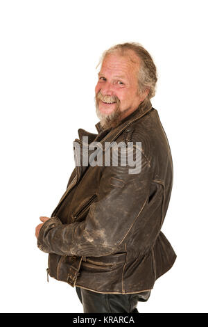 elderly man in leather jacket on white side Stock Photo