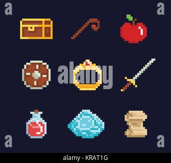 Vector pixel art illustration isons for fantasy adventure game development, magic staff, sword, food, chest, spell, ring, potion Stock Vector