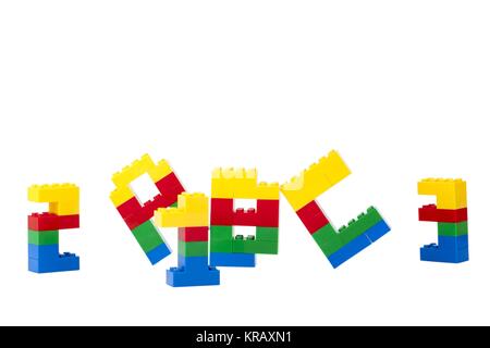 alphabet and numbers made of lego blocks Stock Photo