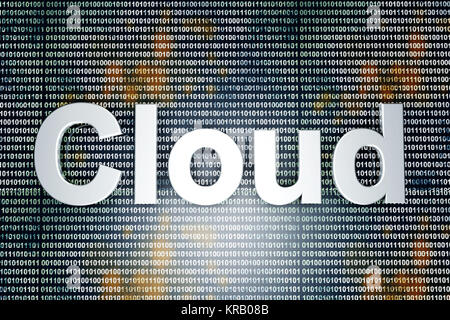 The word Cloud in front of a binary background. Stock Photo