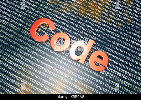 The word Code in front of a binary background. Stock Photo